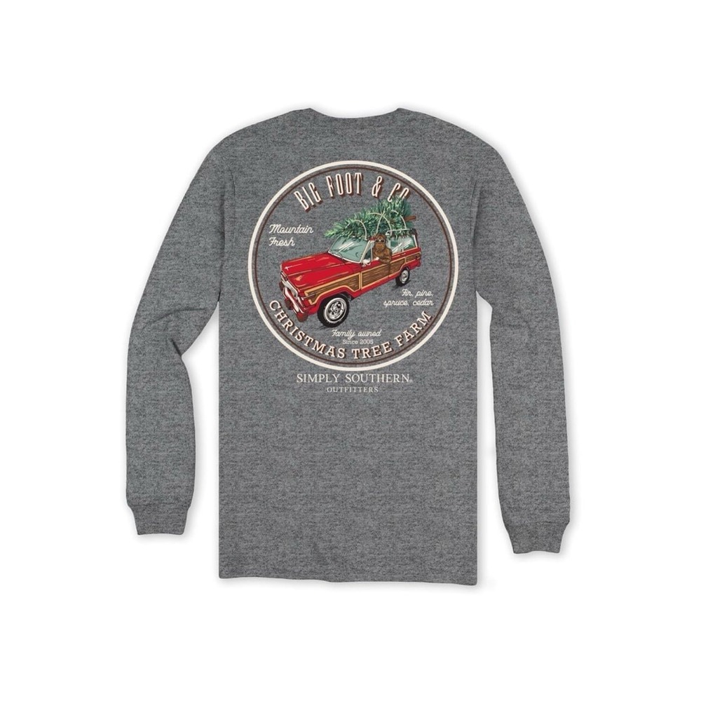 New unisex SIMPLY SOUTHERN Big Foot Tree Farm Long Sleeve gray adult Small S